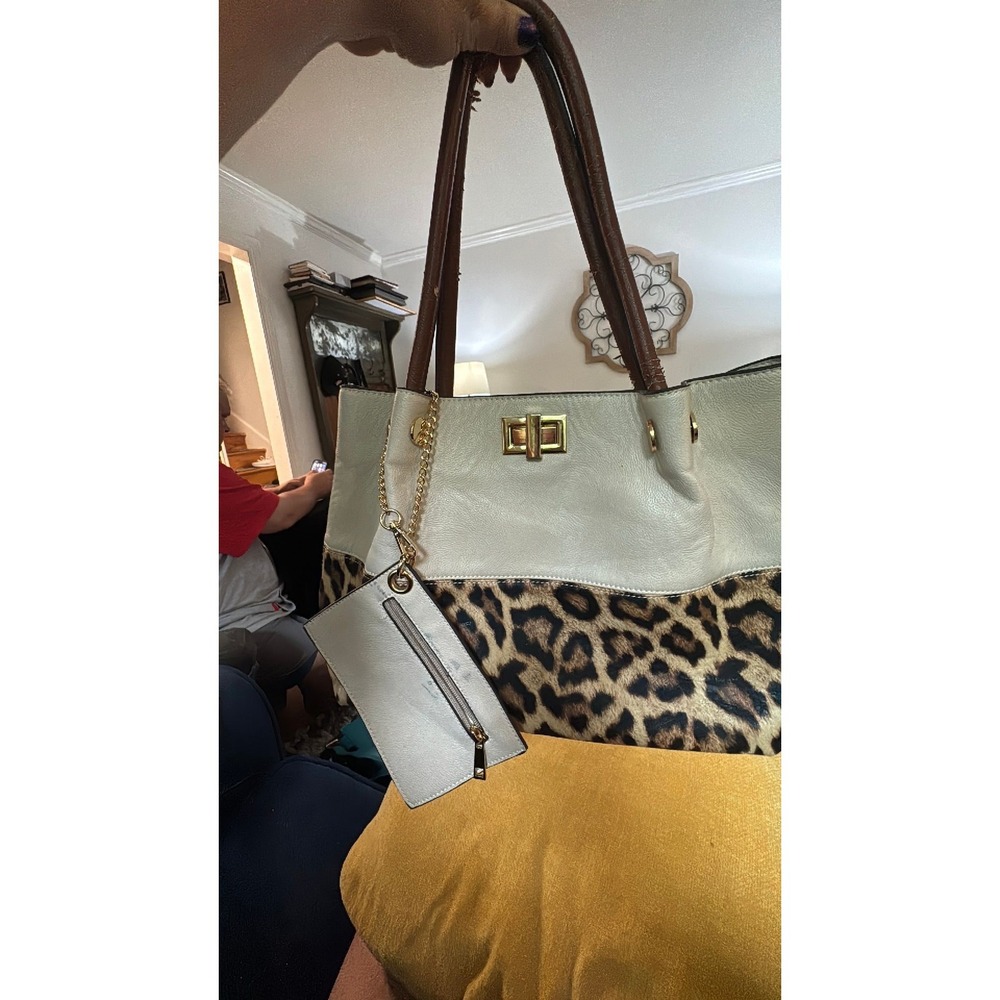 Leopard Print Cream Tote Bag Gold Hardware Turn Lock Shoulder Bag with Pouch